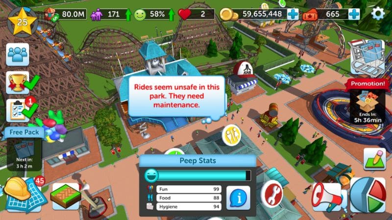 Diverse attractions in RollerCoaster Tycoon Touch for high satisfaction