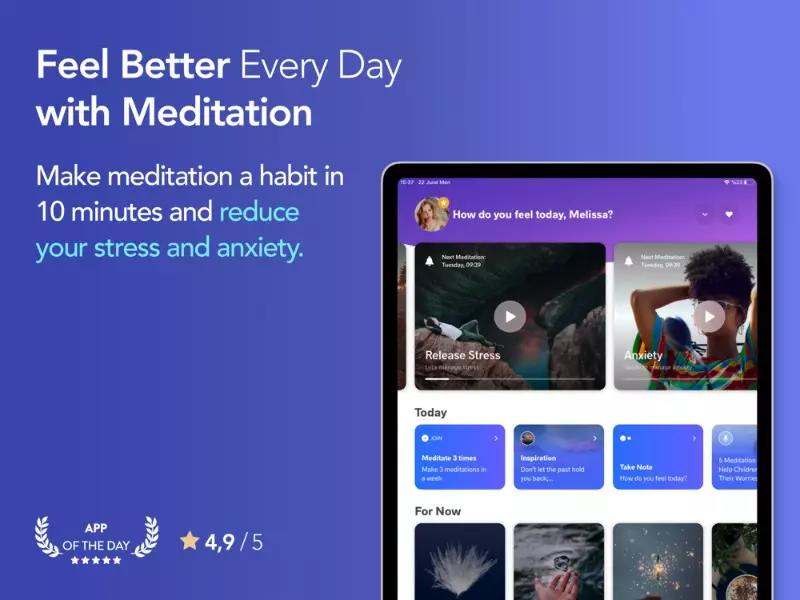 On the home page, you can see the meditation purposes displayed